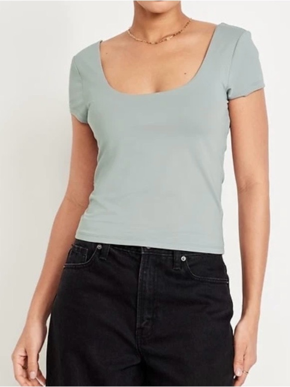 Women's Taupe Double Layer Collar Scoop Neck Tee Shirt Stretch Chic Minimalist M